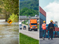 A collage of three photos: a flooded roadway, trucks on a busy highway and two people working at a shipping port.